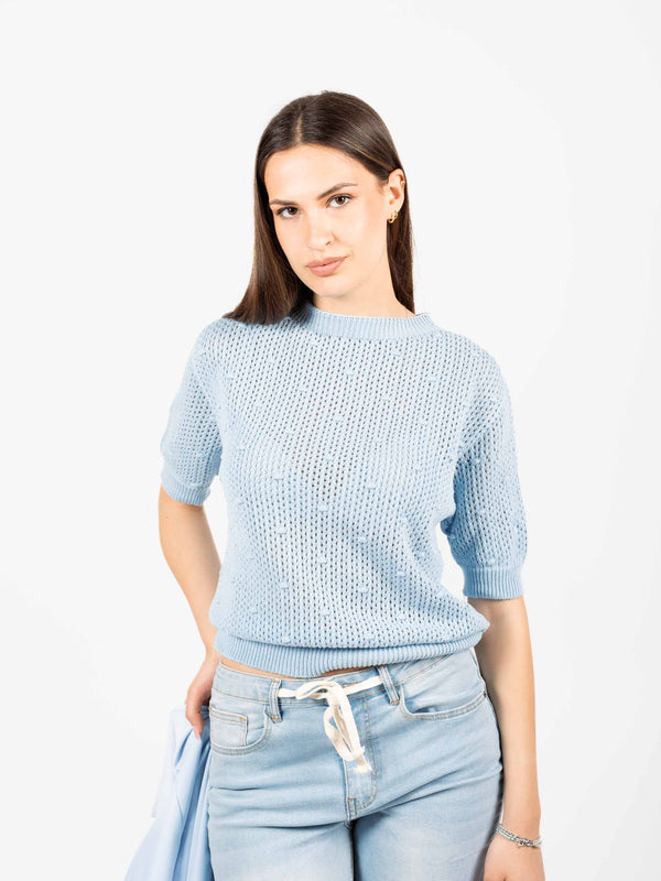 Maglia Traforata con Pompon Celeste da donna Miss love