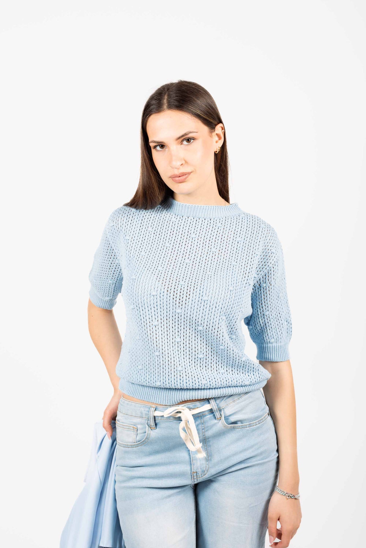 Maglia Traforata con Pompon Celeste donna Miss love - 1