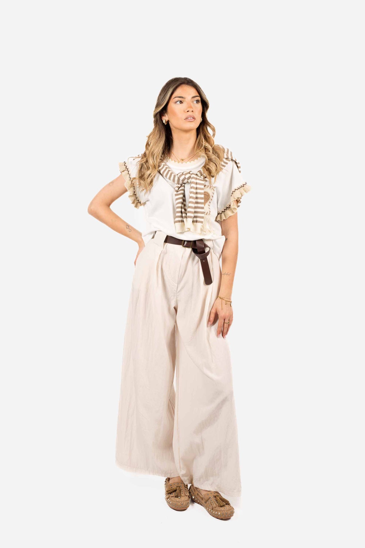 Pantaloni Wide Leg a Vita Alta Panna donna Miss love - 4