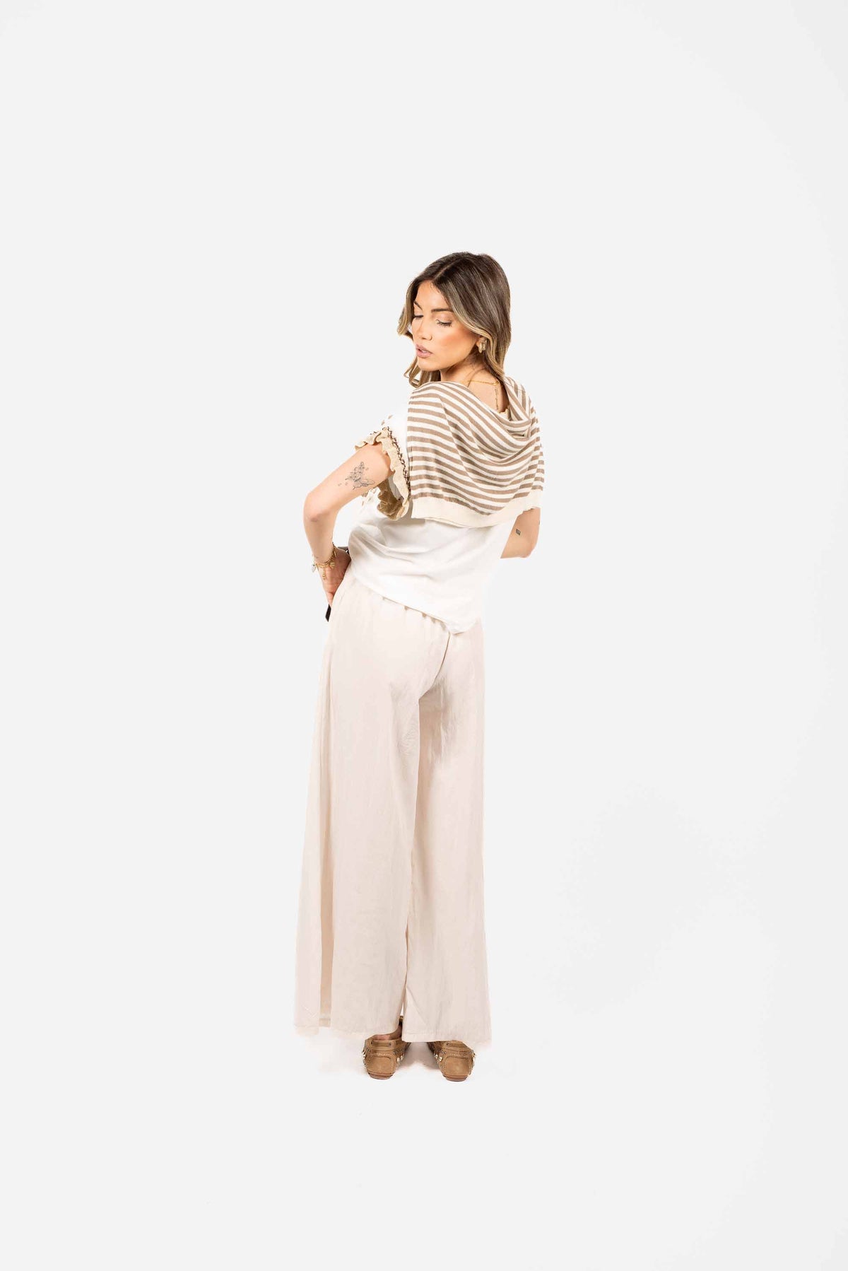 Pantaloni Wide Leg a Vita Alta Panna donna Miss love - 2