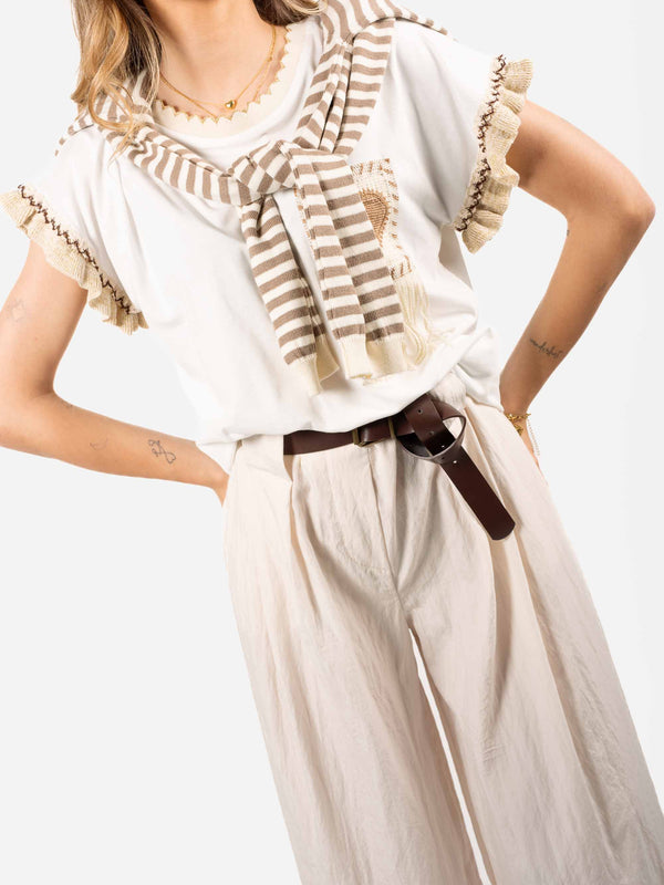 T-shirt Bianca con Ricami e Frange da donna Miss love
