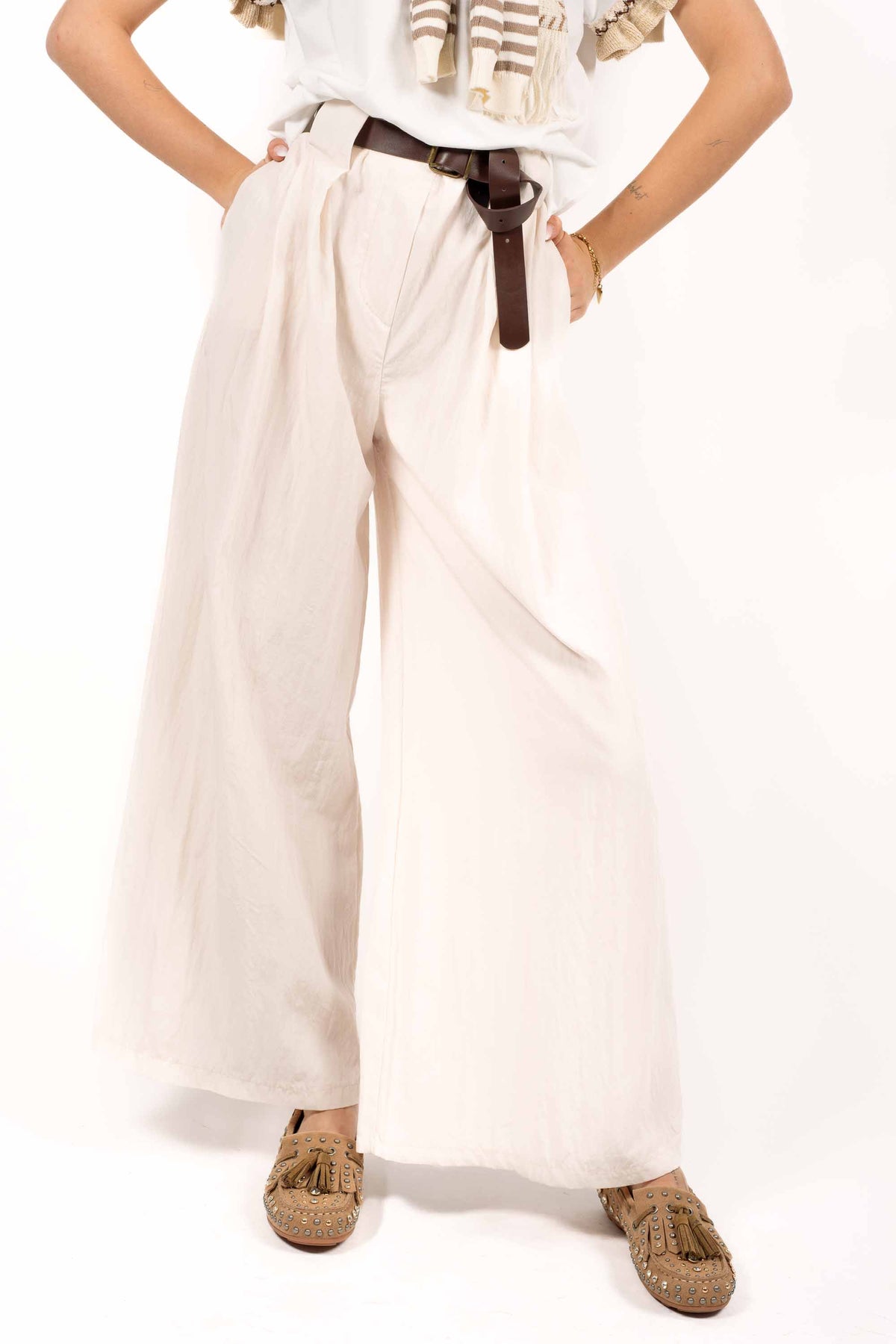 Pantaloni Wide Leg a Vita Alta Panna donna Miss love - 1