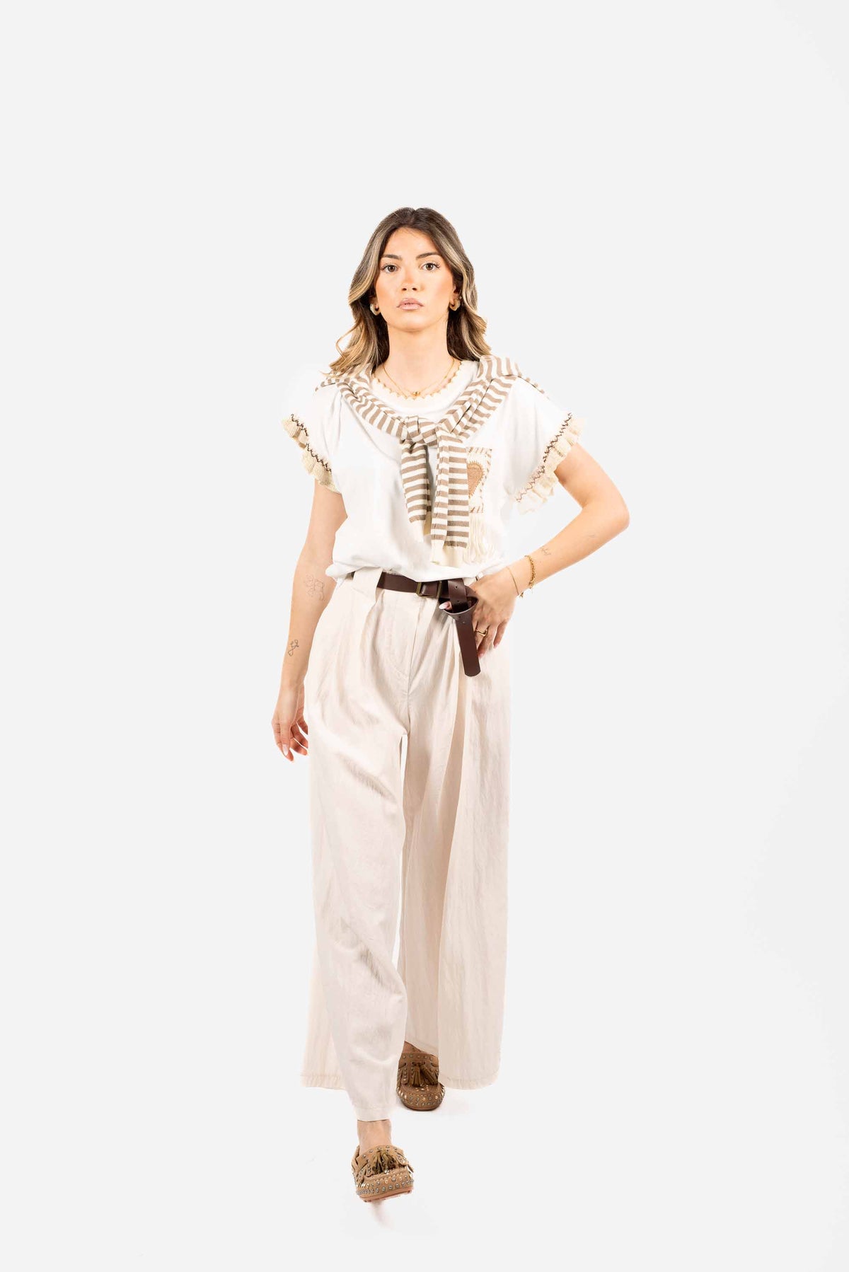 Pantaloni Wide Leg a Vita Alta Panna donna Miss love - 3