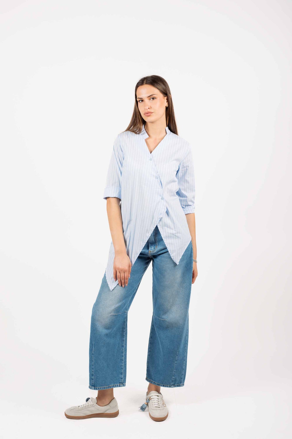 Camicia Asimmetrica a Righe Celeste donna Miss love - 2