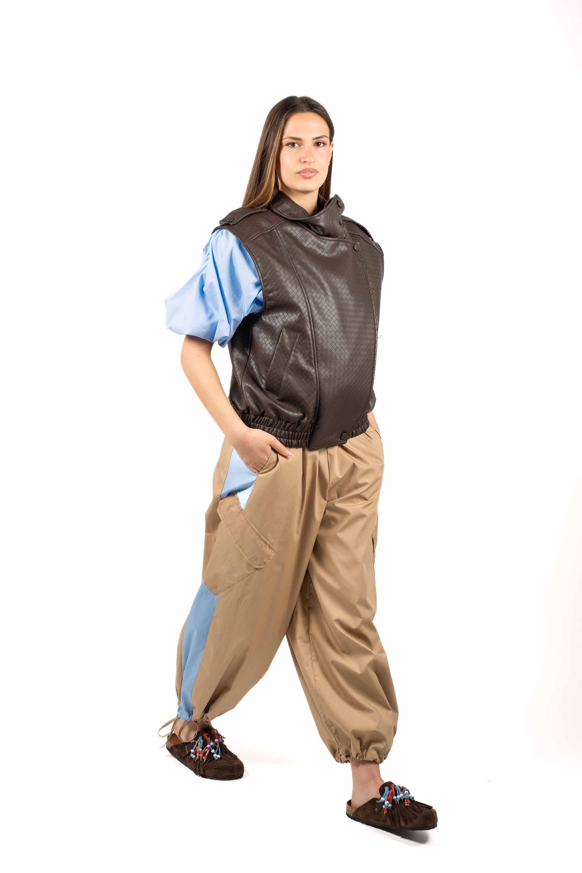 Pantaloni Balloon con Inserti a contrasto Beige/Celeste donna Tensione in - 2