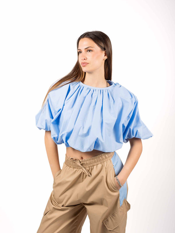 Blusa Crop in Popeline Celeste da donna Tensione in