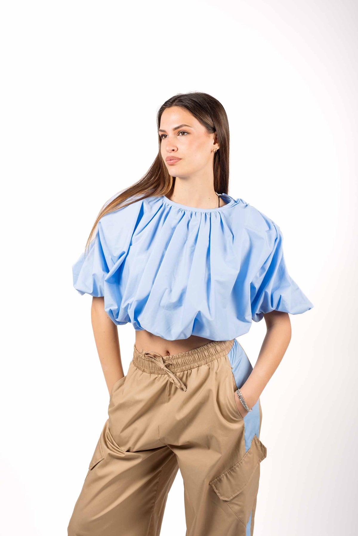 Blusa Crop in Popeline Celeste donna Tensione in - 1