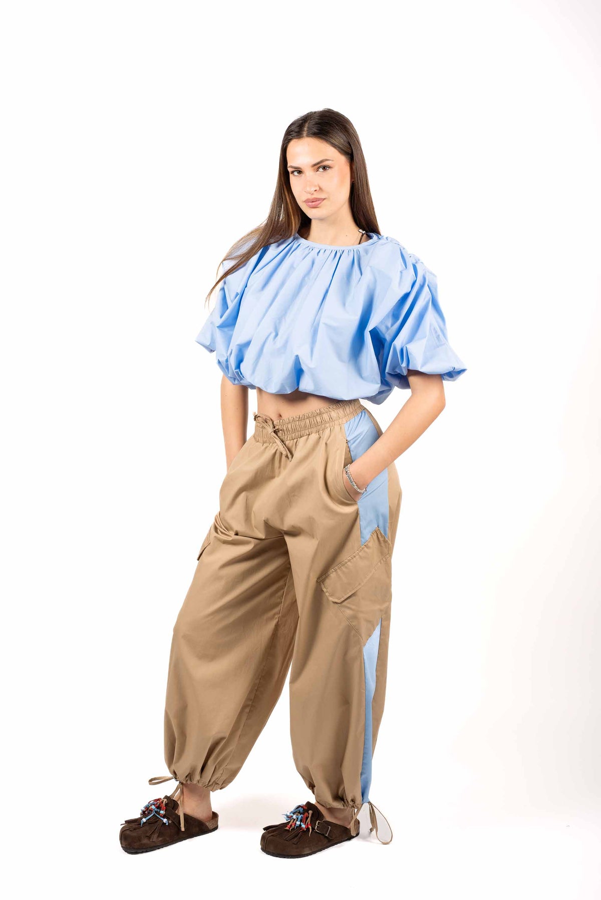 Blusa Crop in Popeline Celeste donna Tensione in - 2