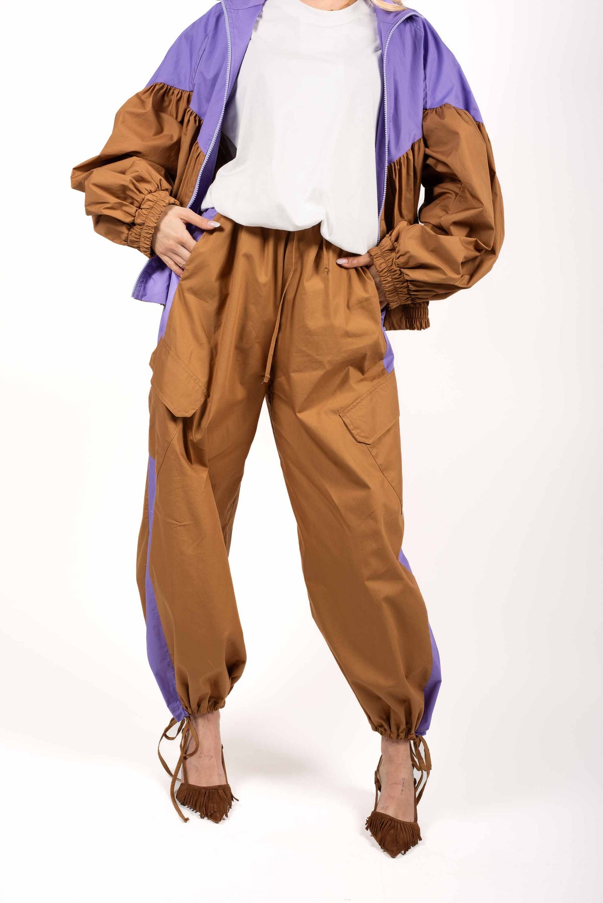 Pantaloni Balloon con Inserti a contrasto Cammello/Viola donna Tensione in - 1