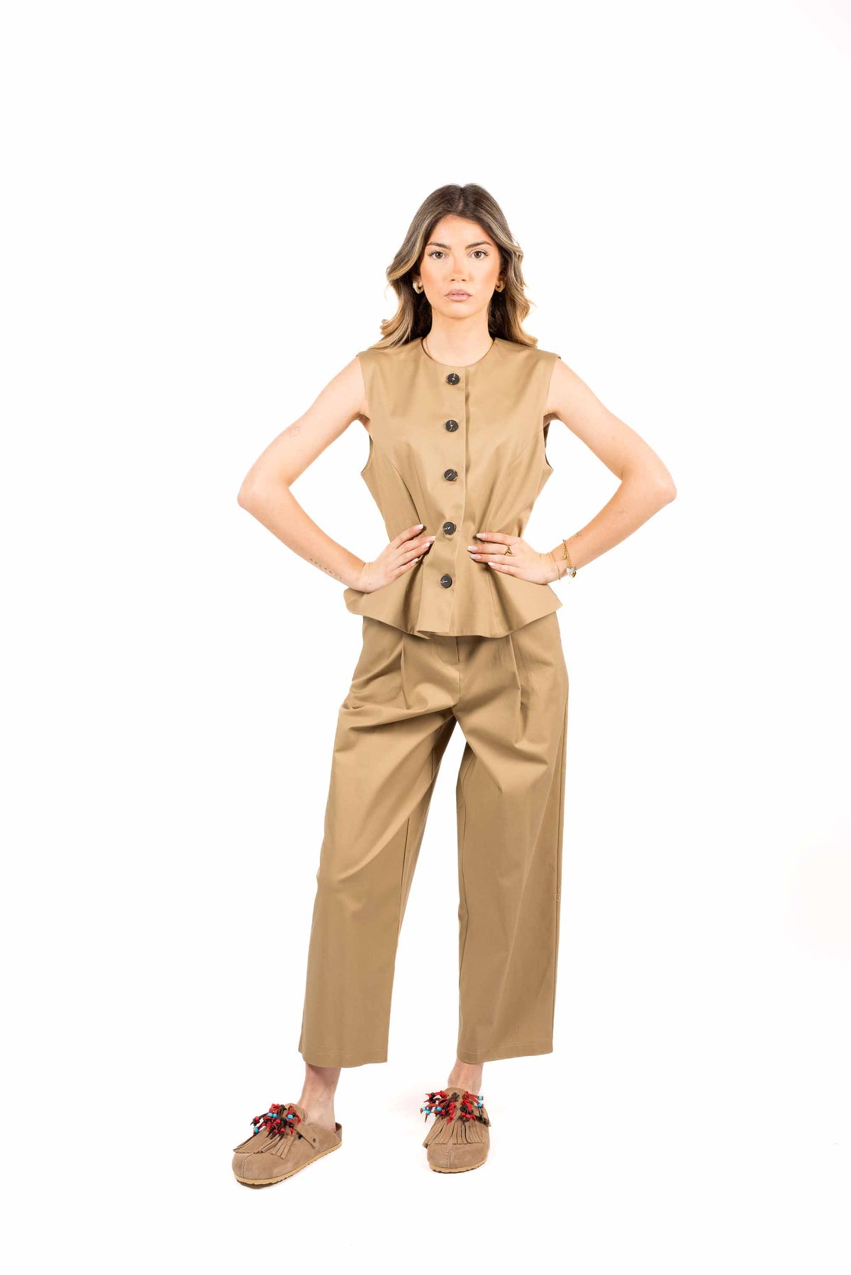 Pantaloni in Cotone con Pinces Beige donna Tensione in - 4