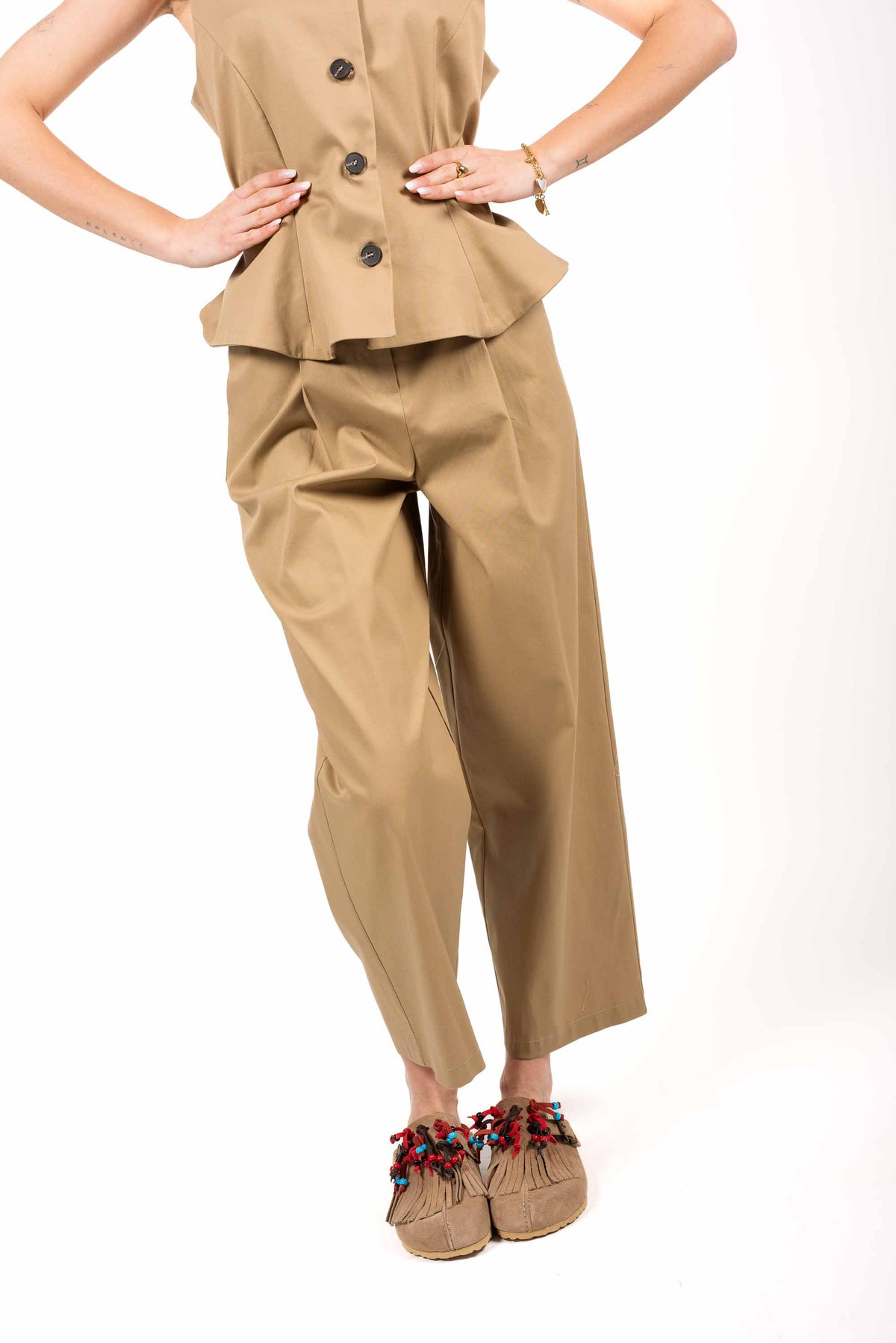 Pantaloni in Cotone con Pinces Beige donna Tensione in - 1