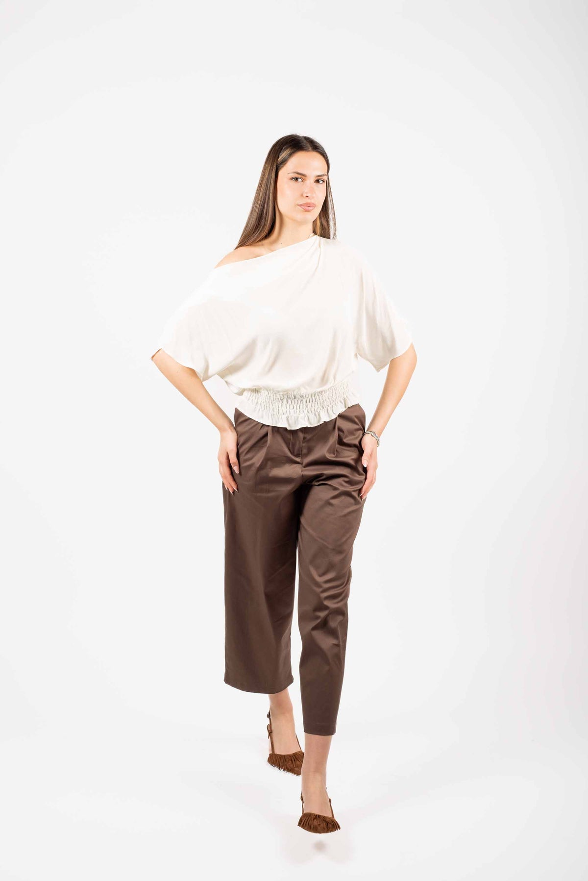 Blusa Monospalla con Fondo Arricciato Panna donna Tensione in - 3