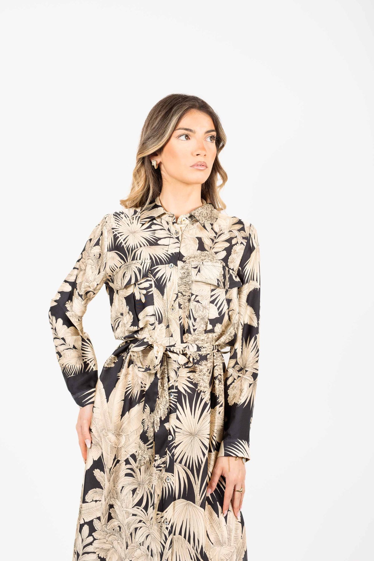 Abito Camicia Stampato con Cintura Beige/Nero donna Tensione in - 4