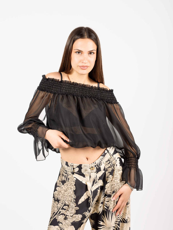 Blusa in Chiffon con Spalle Scoperte Nera da donna Tensione in