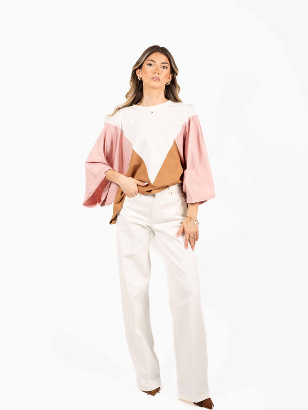 T-shirt Color Block Maniche Volume da donna Tensione in