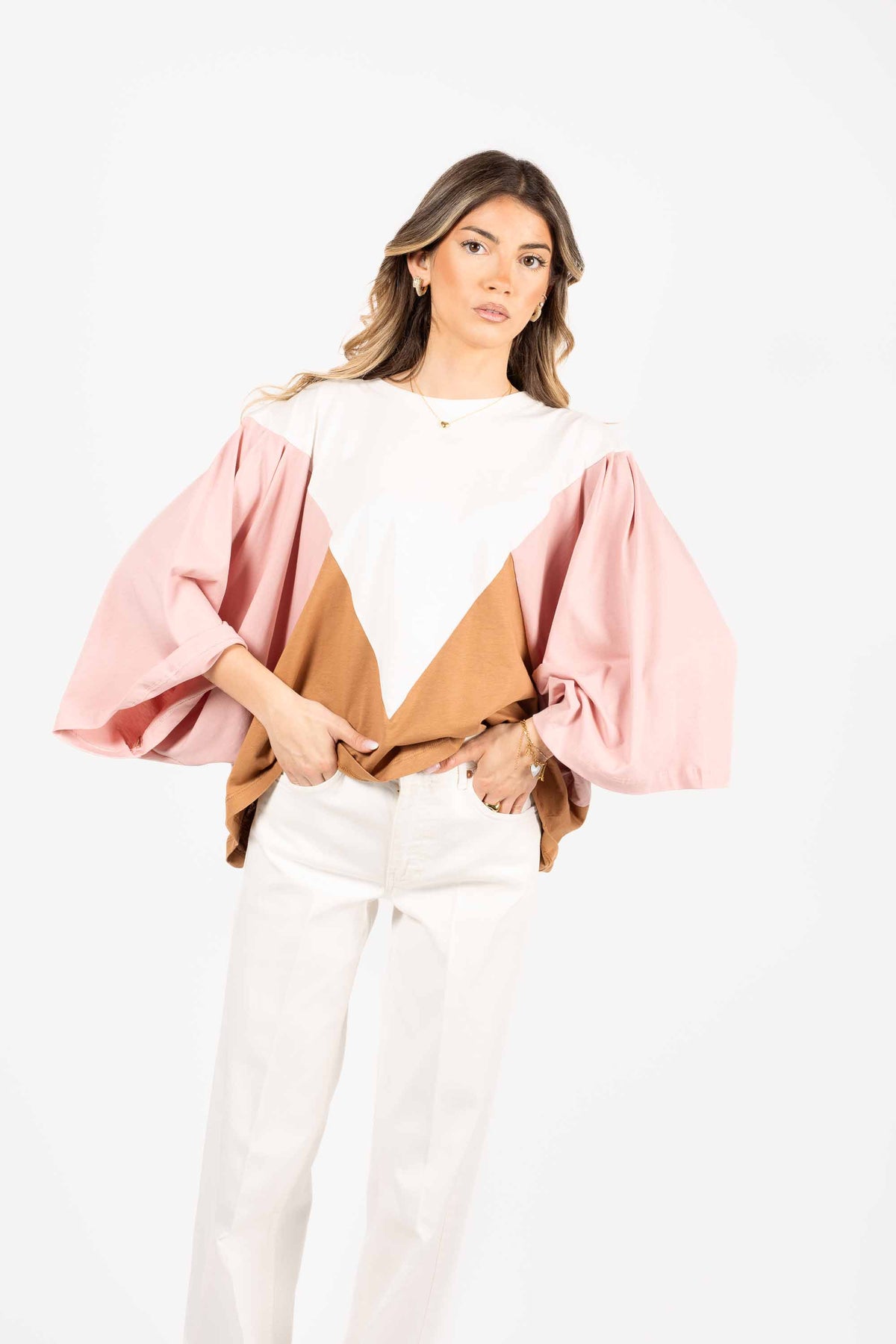 T-shirt Color Block Maniche Volume donna Tensione in - 2