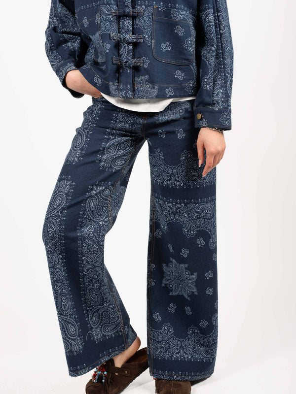 Pantaloni Palazzo in Denim con Stampa Paisley all-over da donna Tensione in