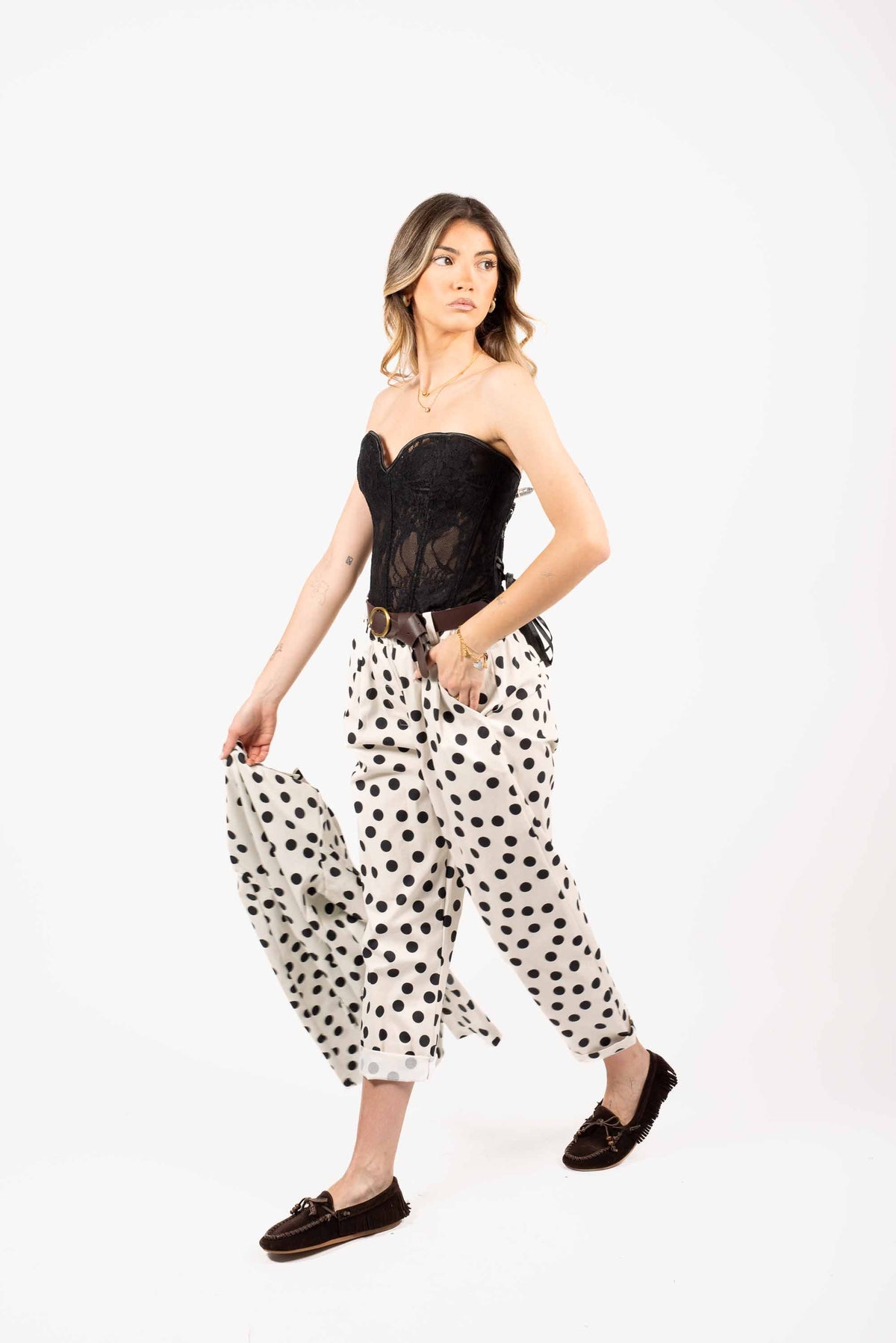 Pantaloni a Pois Neri con Cintura e Elastico Bianchi donna Miss love - 5
