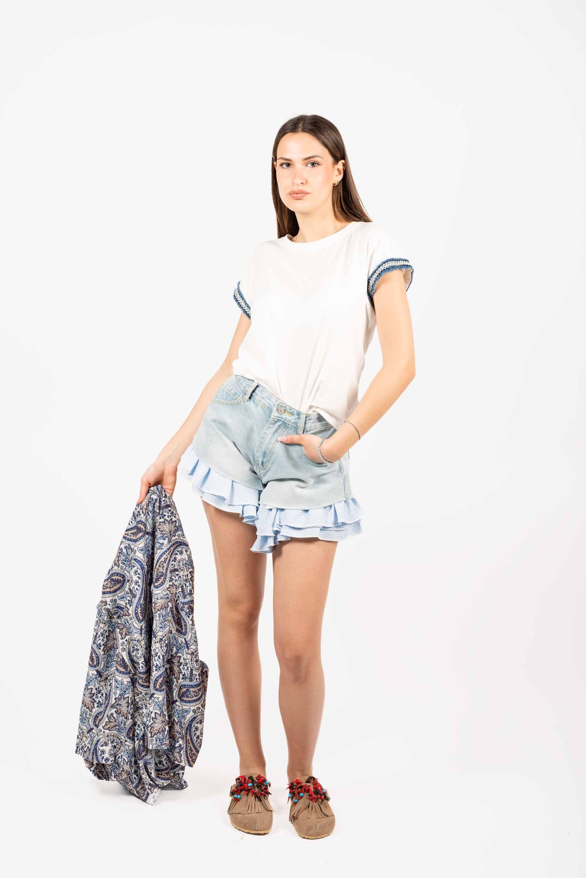 Shorts in Denim con Volant Vichy donna Miss love - 4