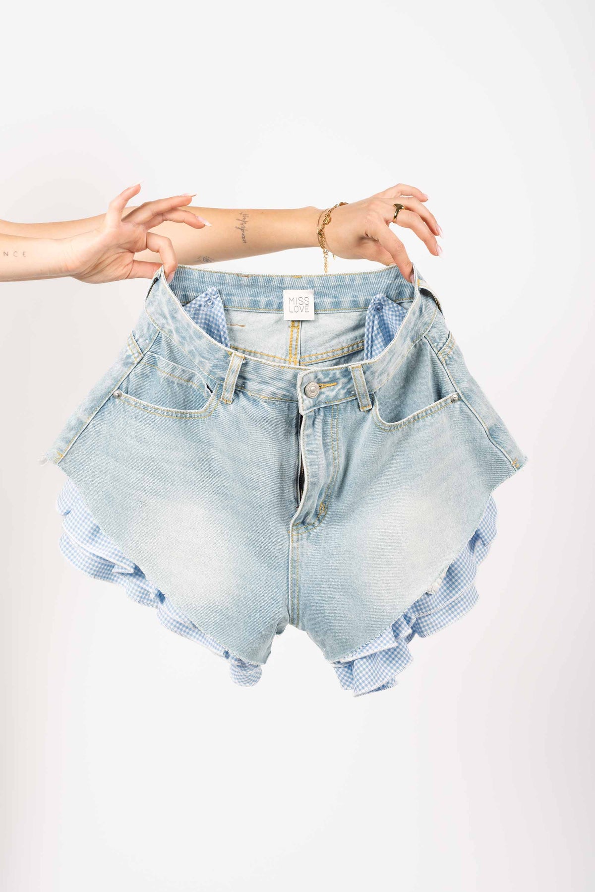 Shorts in Denim con Volant Vichy donna Miss love - 2