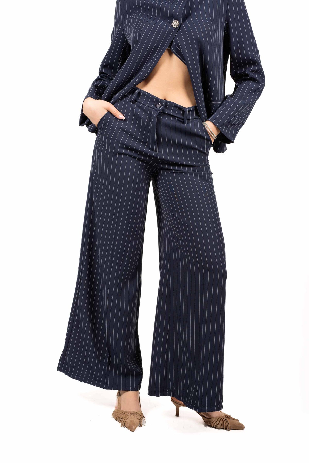 Pantaloni Gessati Wide Leg Blu donna Miss love - 1
