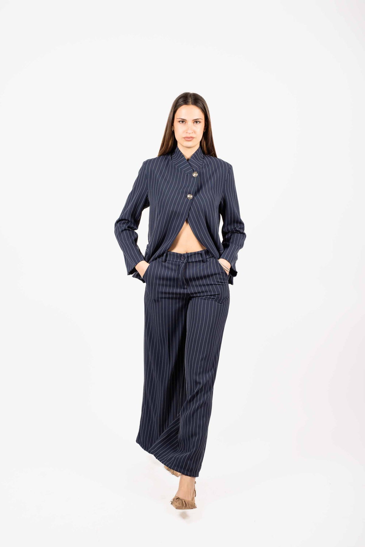 Pantaloni Gessati Wide Leg Blu donna Miss love - 2