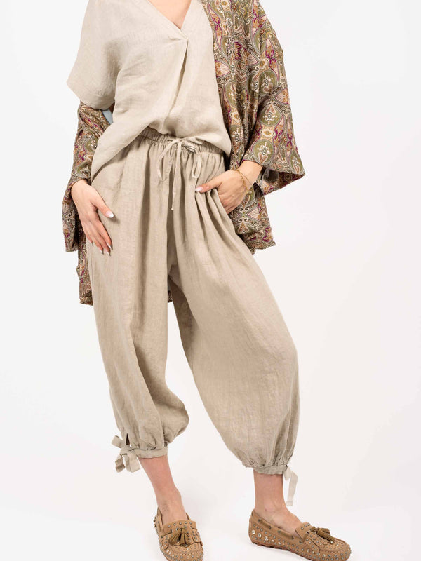 Pantaloni in Lino con Fiocchi Beige da donna Miss love