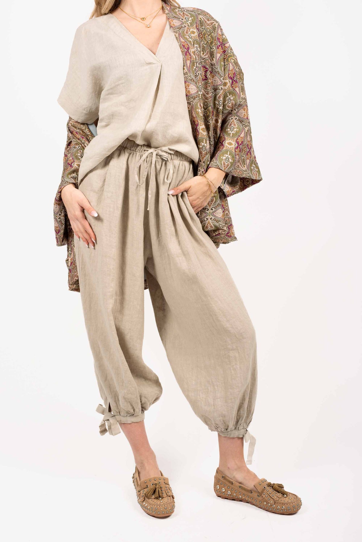Pantaloni in Lino con Fiocchi Beige donna Miss love - 1
