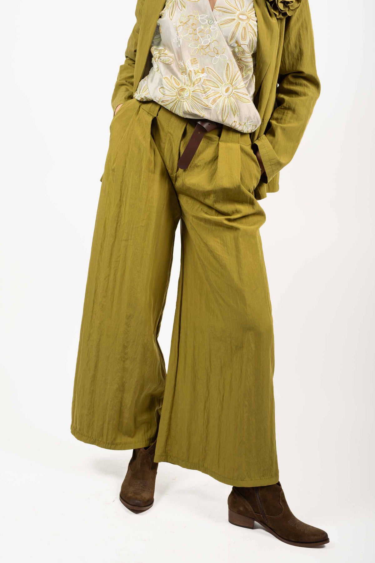 Pantaloni Wide Leg a Vita Alta Oliva donna Miss love - 4