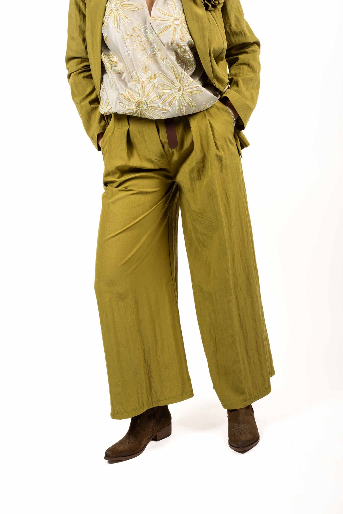 Pantaloni Wide Leg a Vita Alta Oliva donna Miss love - 1