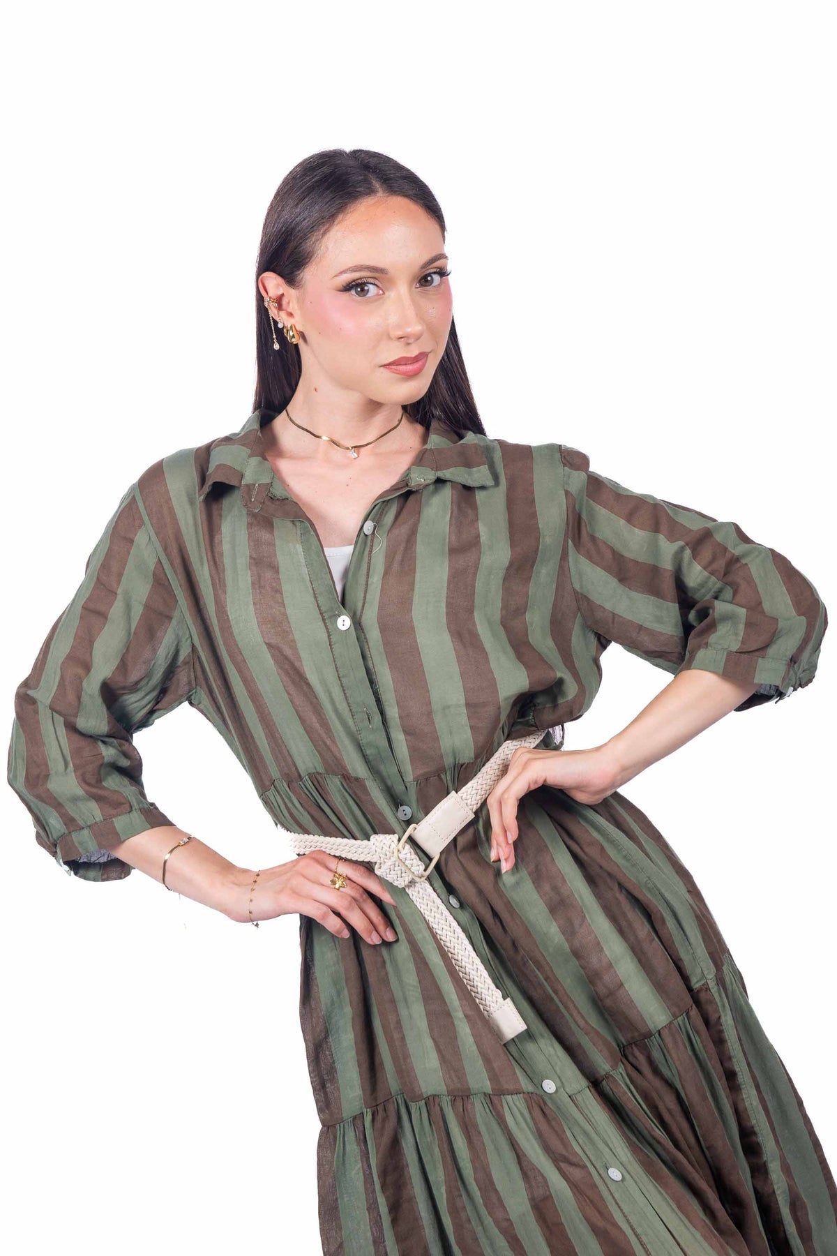 Abito Chemisier a Righe Marrone/Verde donna Miss love - 2