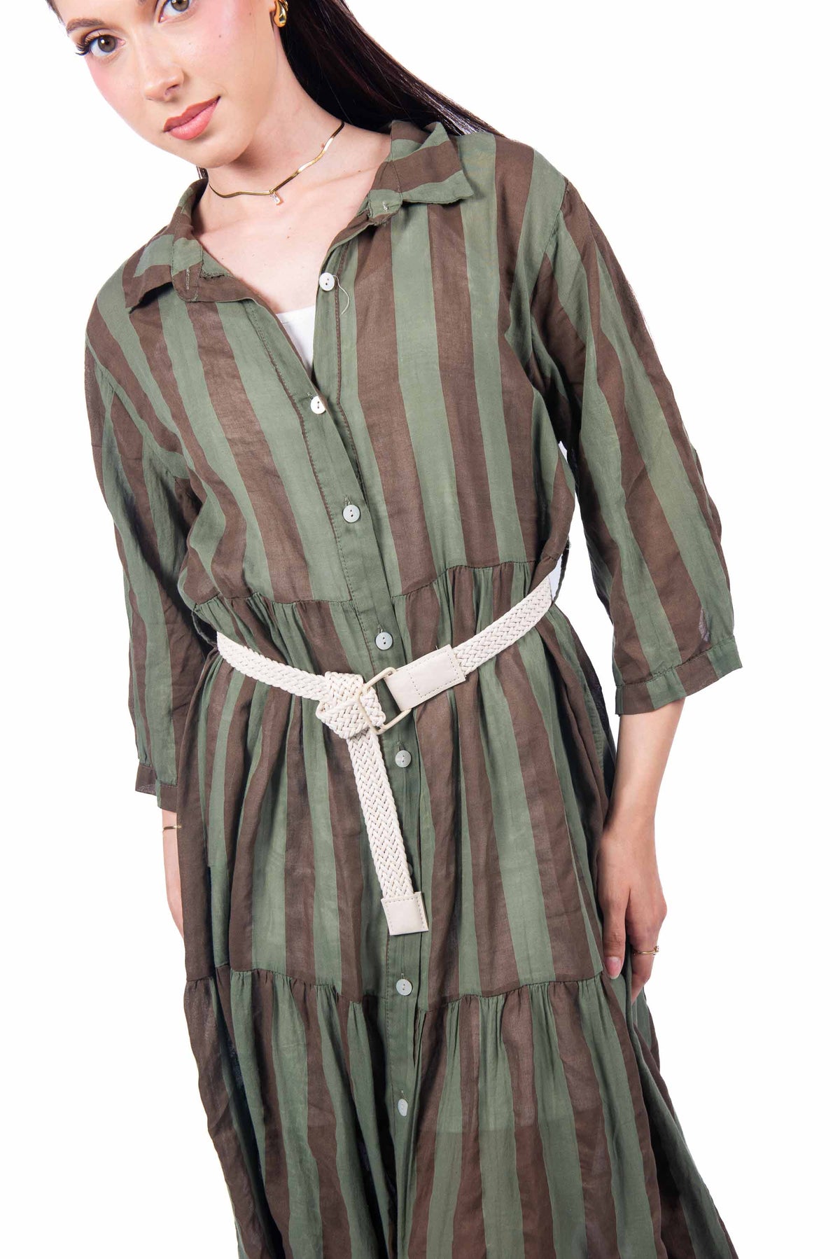 Abito Chemisier a Righe Marrone/Verde donna Miss love - 5