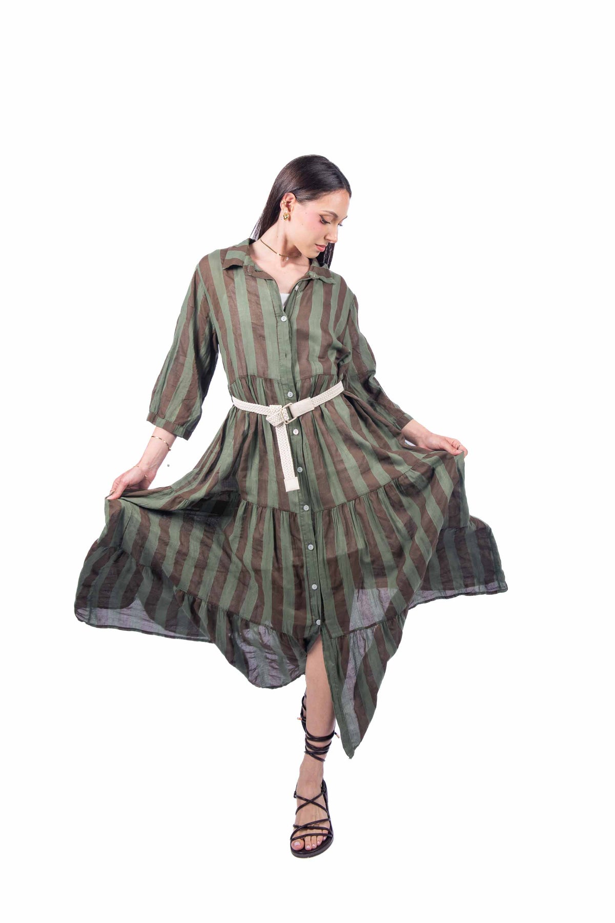 Abito Chemisier a Righe Marrone/Verde donna Miss love - 6