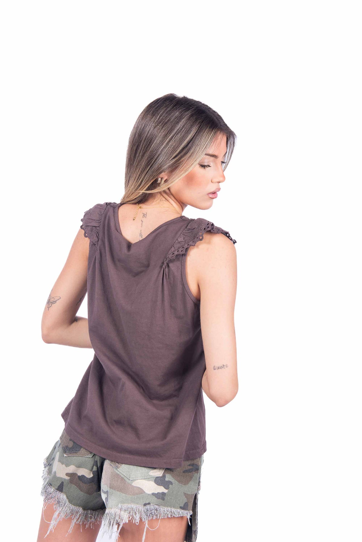 Top Cioccolato con Ricamo Sangallo donna Miss love - 3