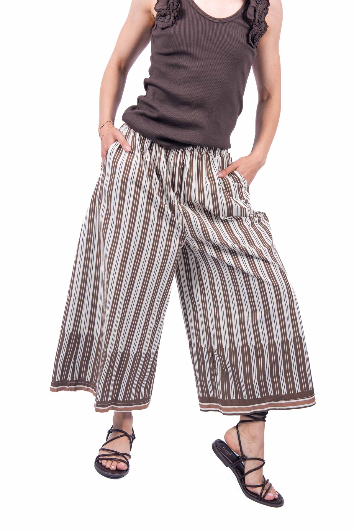 Pantaloni a Righe Panna/Marrone donna Miss love - 1