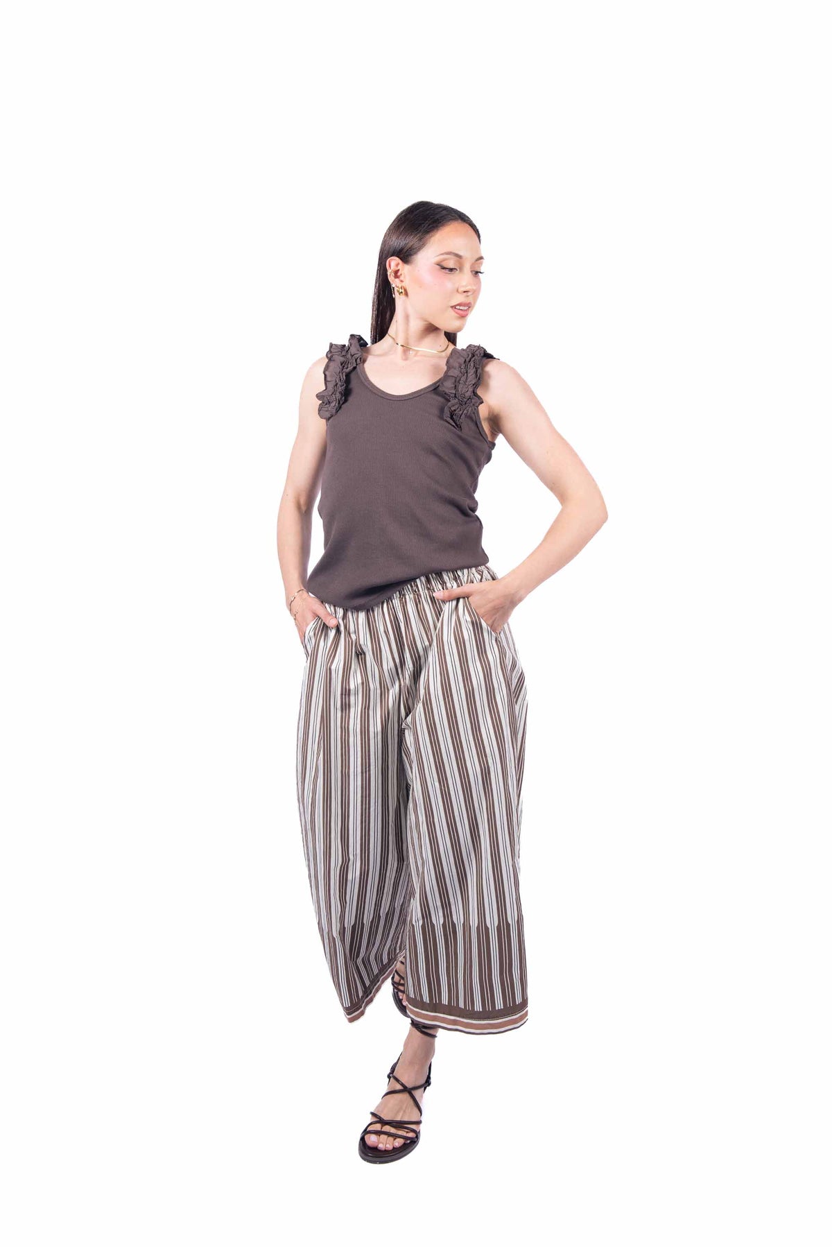 Pantaloni a Righe Panna/Marrone donna Miss love - 2