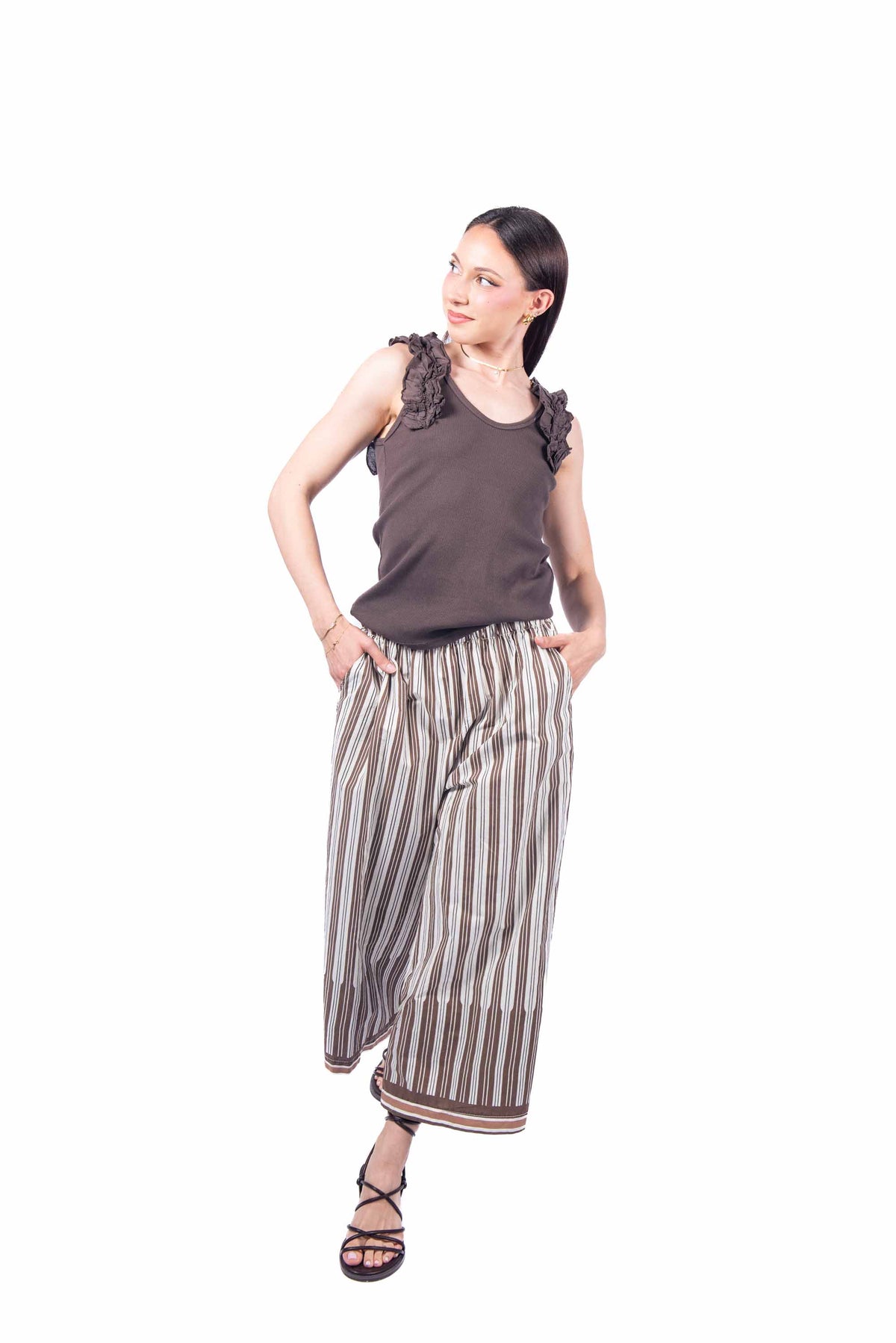 Pantaloni a Righe Panna/Marrone donna Miss love - 5