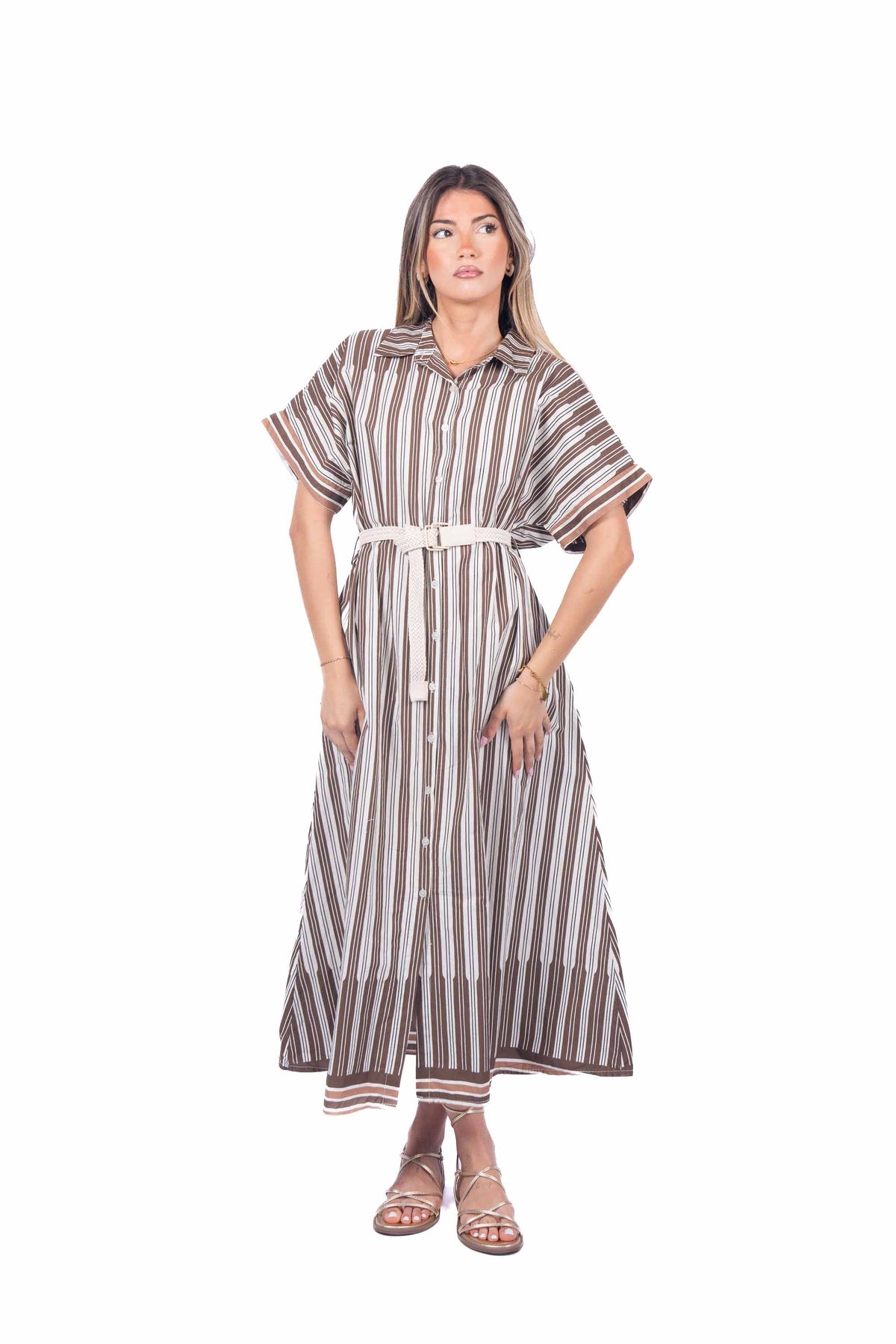 Abito Chemisier a Righe Marrone/Panna donna Miss love - 1