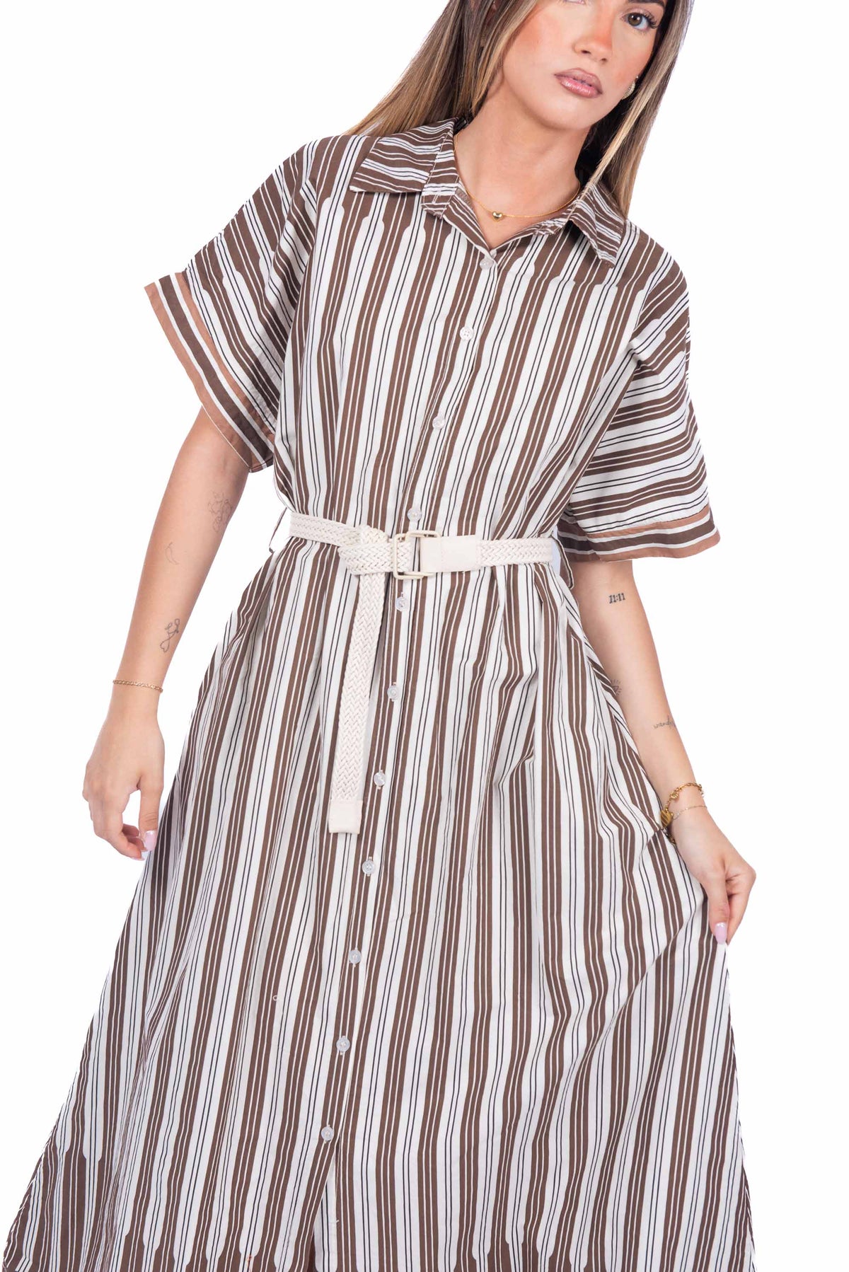 Abito Chemisier a Righe Marrone/Panna donna Miss love - 5