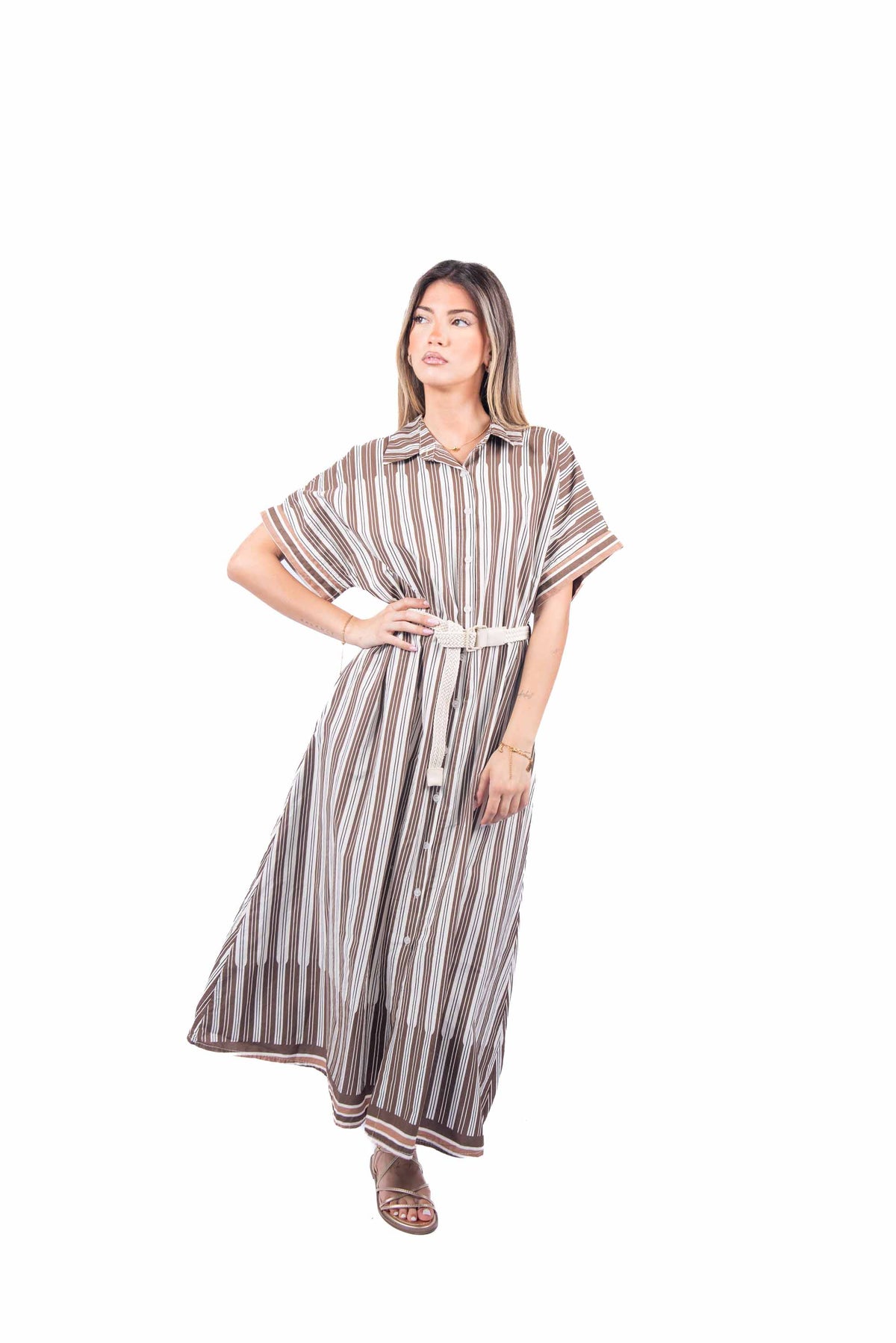 Abito Chemisier a Righe Marrone/Panna donna Miss love - 4