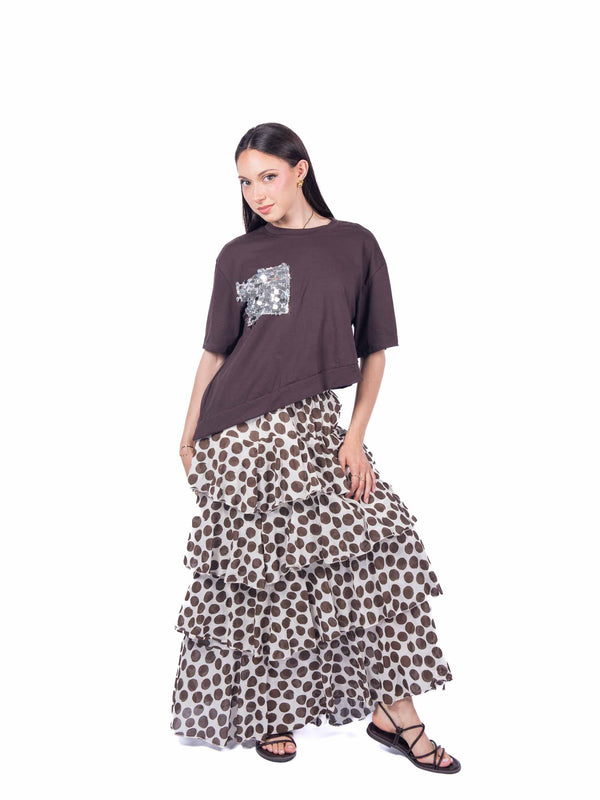 T-Shirt Asimmetrica con Paillettes Cioccolato da donna Miss love