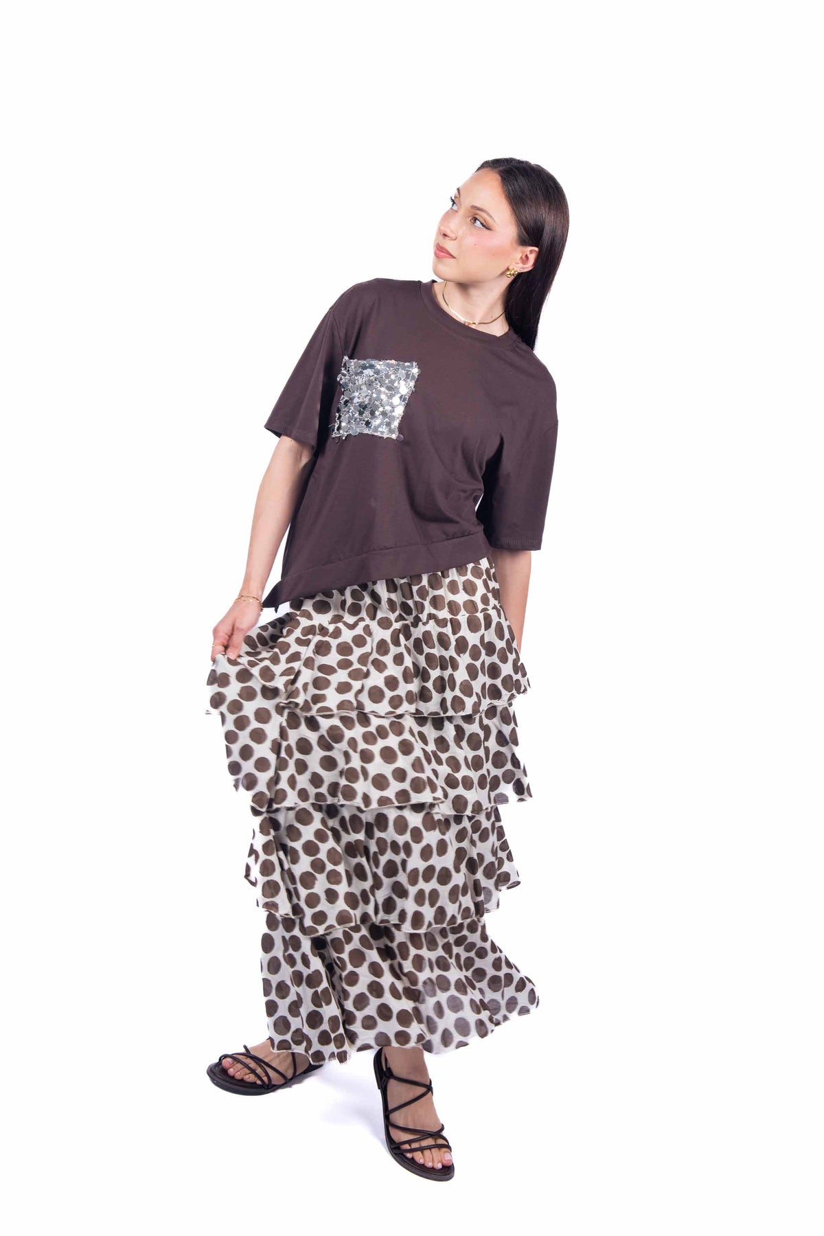 T-Shirt Asimmetrica con Paillettes Cioccolato donna Miss love - 5
