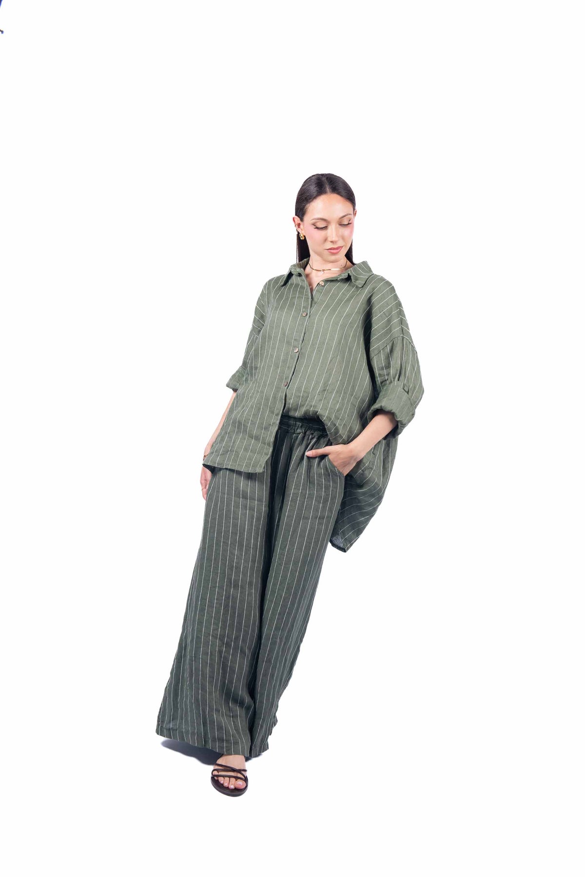 Pantaloni in Lino a Righe Militare donna Miss love - 4