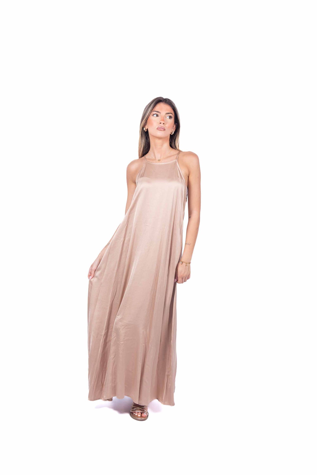 Abito Lungo Satinato Cammello donna Miss love - 1