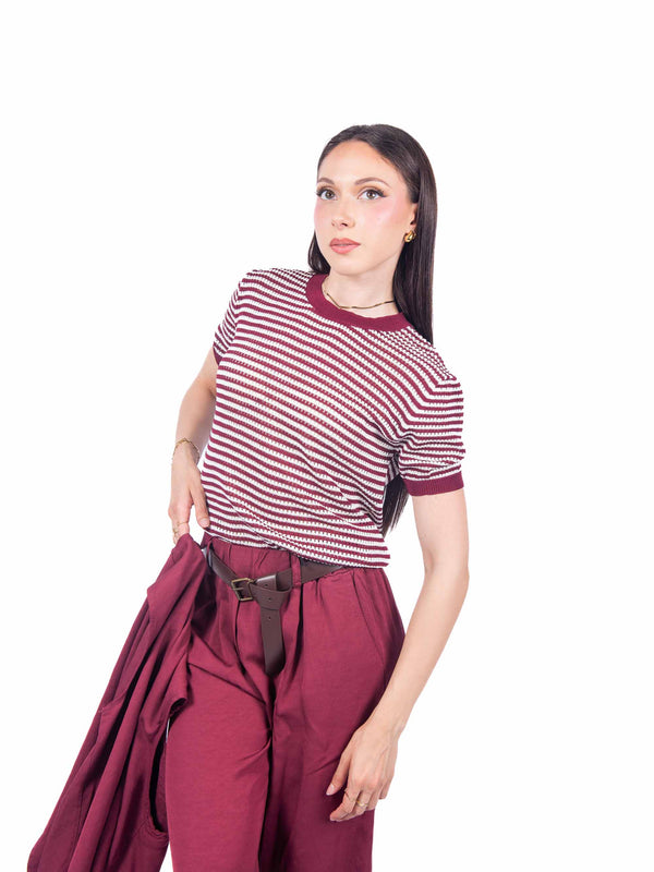 T-shirt in Maglia a Righe Bianco/Bordeaux da donna Miss love