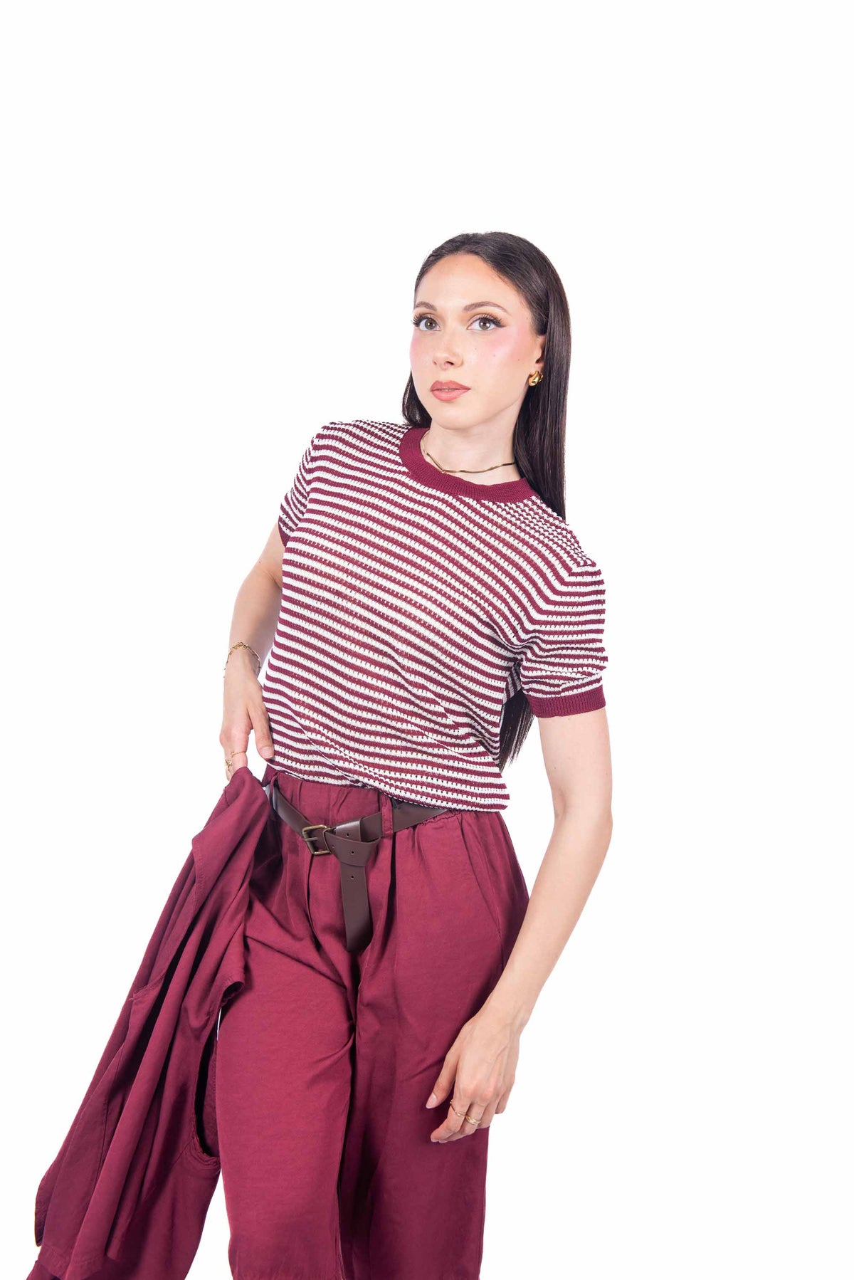 T-shirt in Maglia a Righe Bianco/Bordeaux donna Miss love - 1
