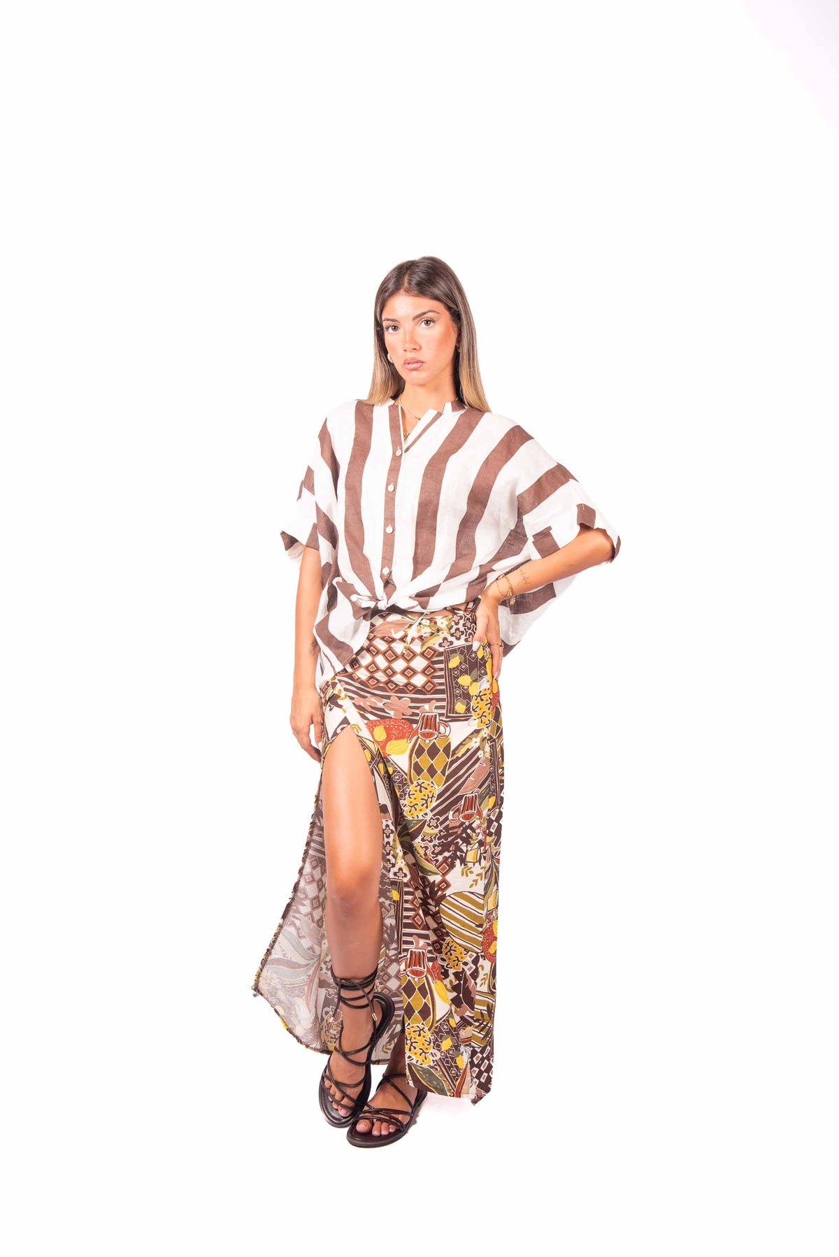Camicia in Lino a Righe Panna/Moro donna Miss love - 3