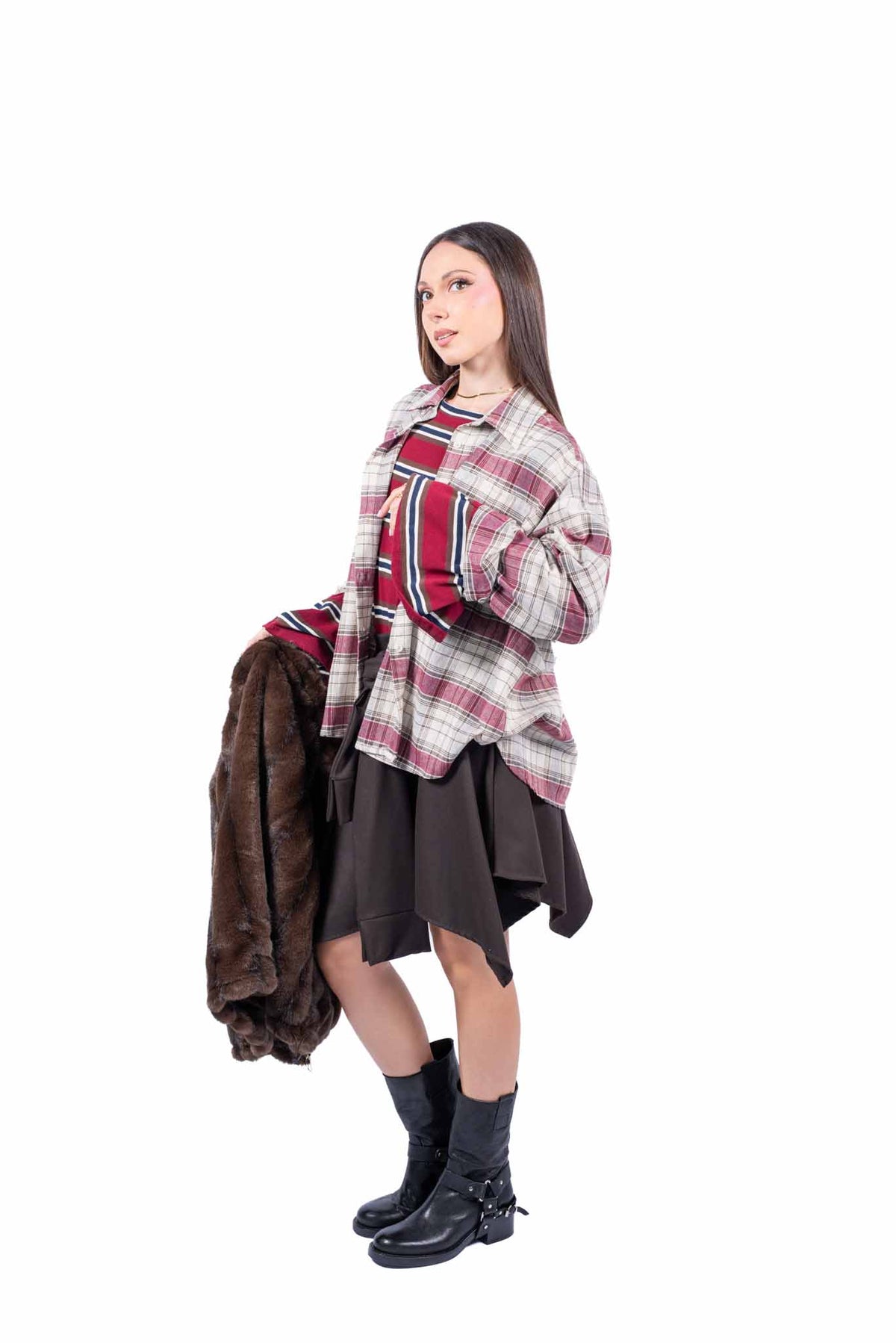 Camicia Check Beige/Bordeaux donna Miss love - 5