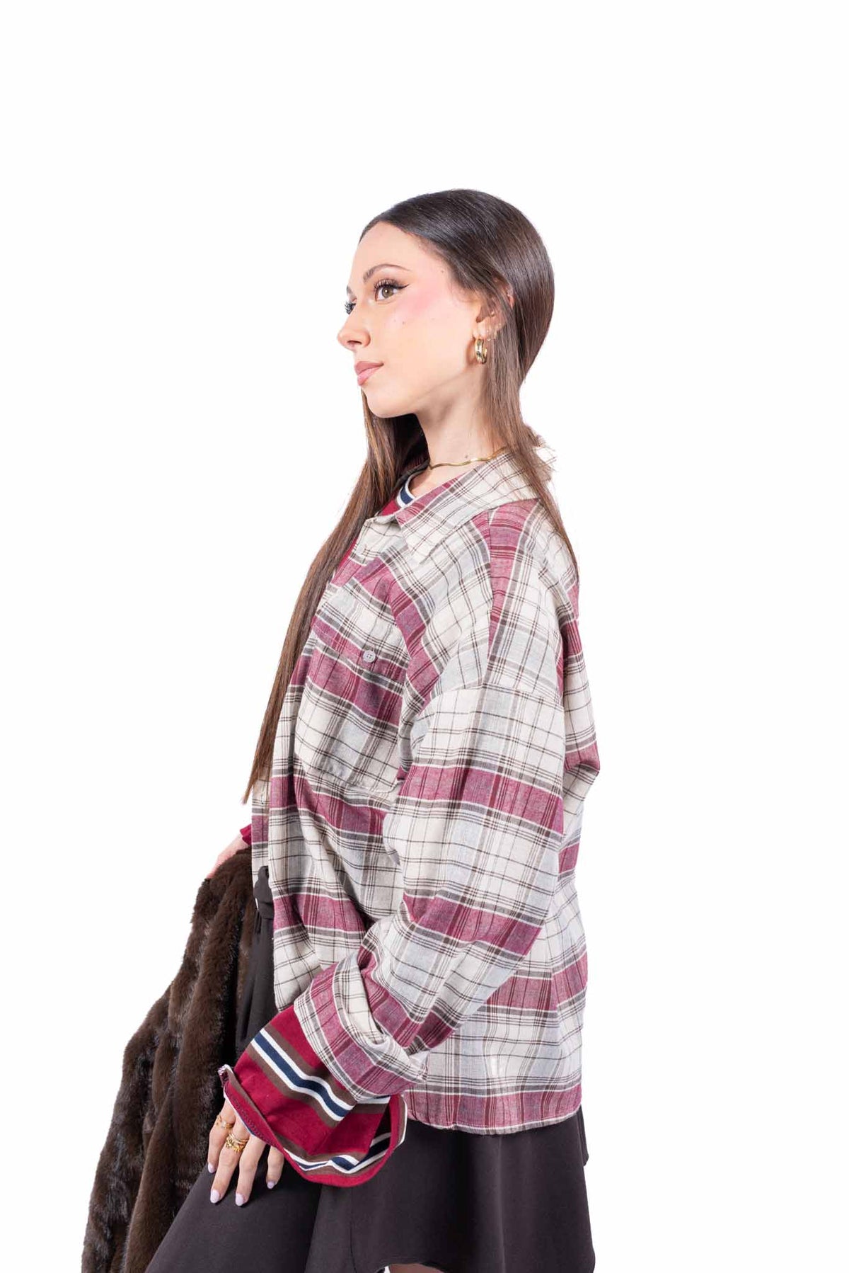 Camicia Check Beige/Bordeaux donna Miss love - 1