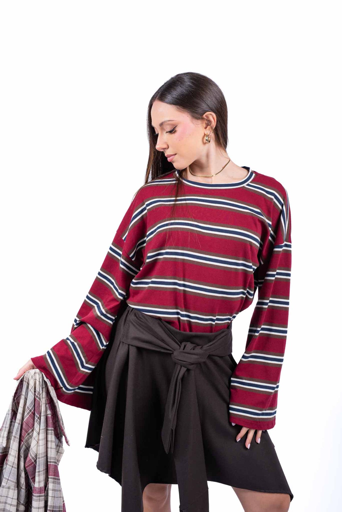 Maglia Maniche Lunghe a Righe Bordeaux donna Miss love - 1